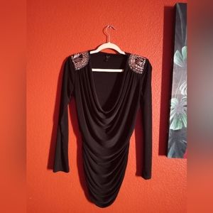 Black blouse,scooped neck, embellished shoulders soft stretchy fabric